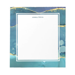 Bloc-note Custom Name Abstract Teal Blue Ink Gold