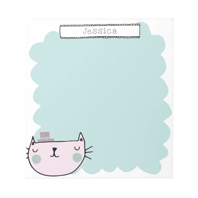 Bloc-note Cute Whimsical Chat Pastel Turquoise Lilac Nom per (Devant)