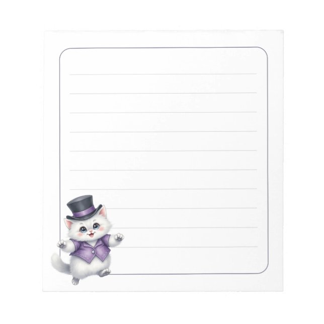 Bloc-note Cute White Cat Top Hat Whimsical Lined (Devant)