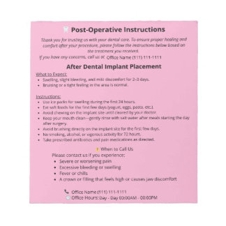 Bloc-note Dental Post Op Instructions Notepad (Implant)