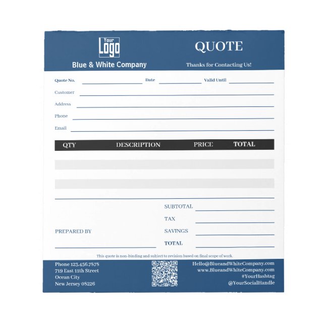 Bloc-note Devis de service professionnel de base bleu entrep (Devant)