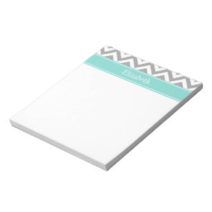 Bloc-note Dk Gris Blanc LG Chevron Turquoise Monogramme Nom
