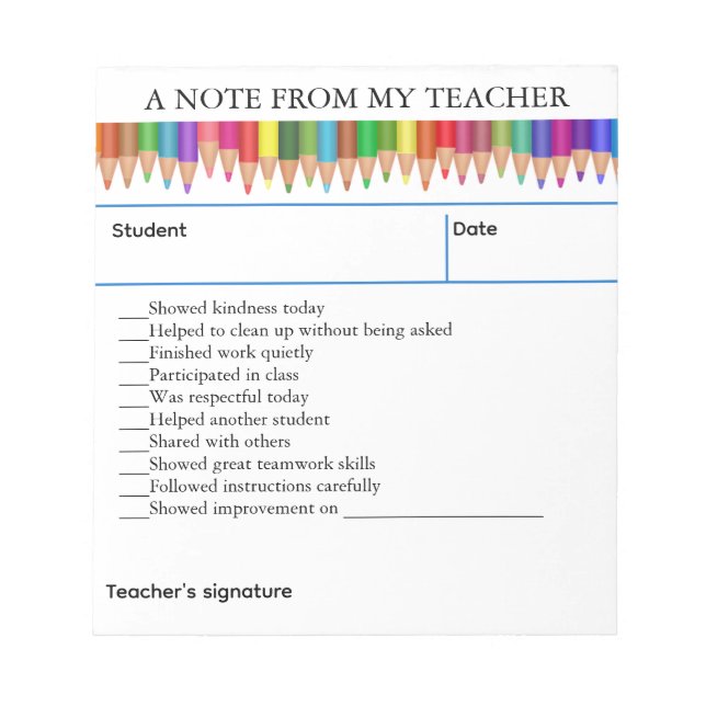 Bloc-note Editable Crayons Positive Note From My Teacher (Devant)