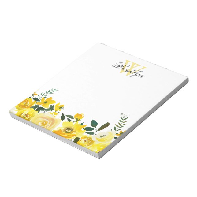 Bloc-note Elégant Jardin Jaune Floral Monogramme (Tourné)