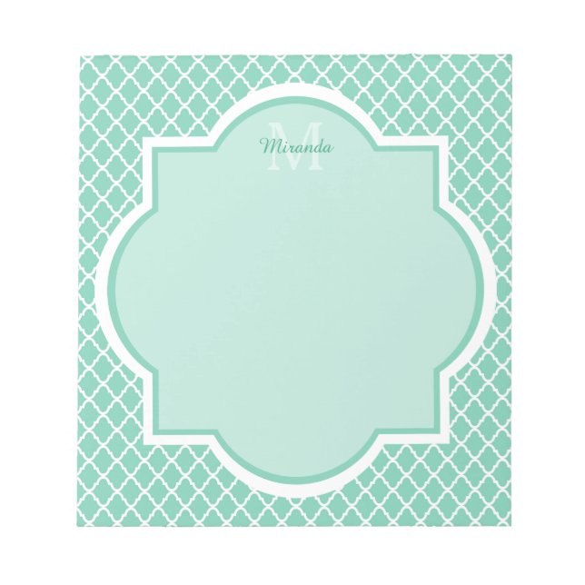 Bloc-note Élégant Monogramme De Quatrefoil Vert Mint Avec No (Devant)
