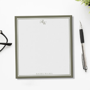 Bloc-note Élégant monogramme vert olive deux bordures