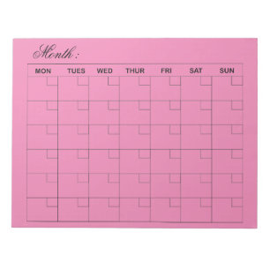 Bloc-note Élégant planificateur de calendrier mensuel rose
