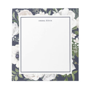 Bloc-note Elégant Roses blanches Verdure Marine Nom bleu
