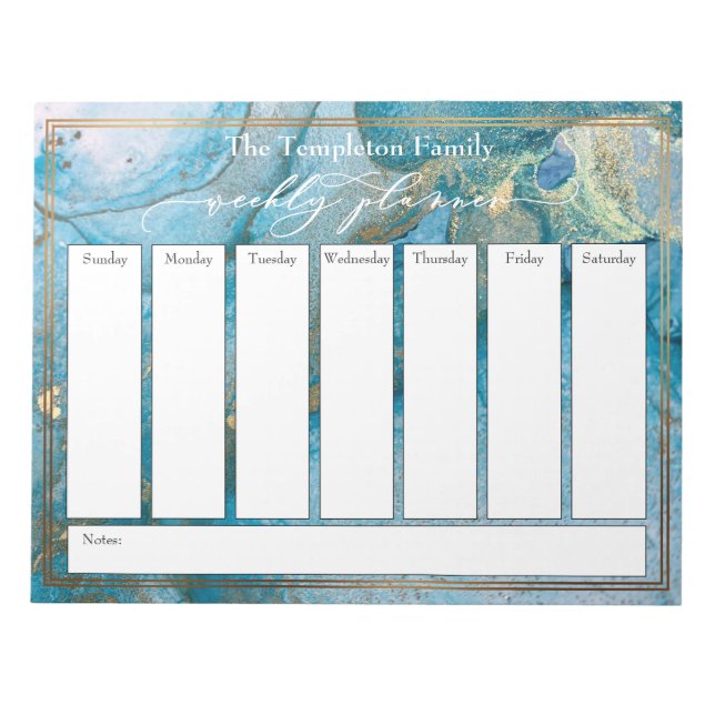 Bloc-note Élégant Script Weekly Planner Turquoise & Gold Art (Devant)