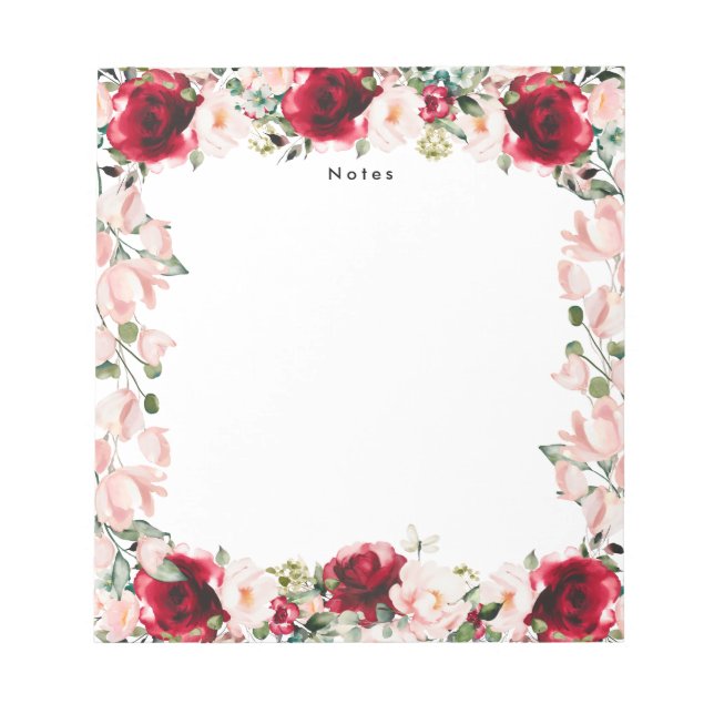 Bloc-note Elégante aquarelle rouge rose florale personnalisé (Devant)
