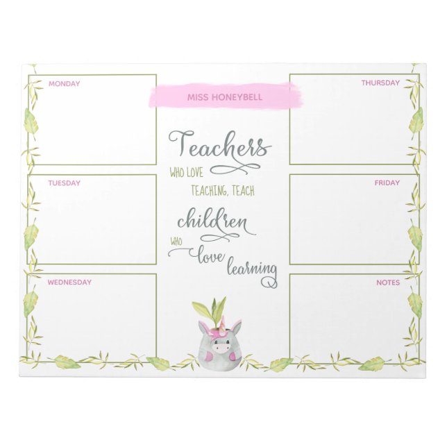 Bloc-note Enseignants Planificateur hebdomadaire Cute Unicor (Devant)