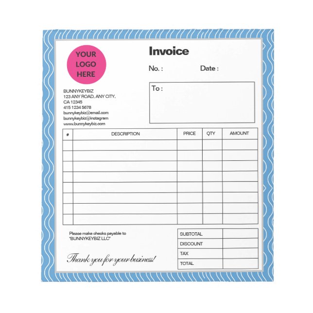 Bloc-note Facture d'entreprise Pastel Blue Wave Company (Devant)