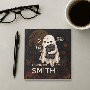 Bloc-note Fantôme Grincheux Tenant un Chien Pug Noir Meh Hal
