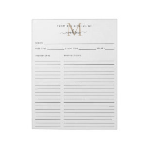 Bloc-note Feuille de recette de la cuisine de Monogramme d'o