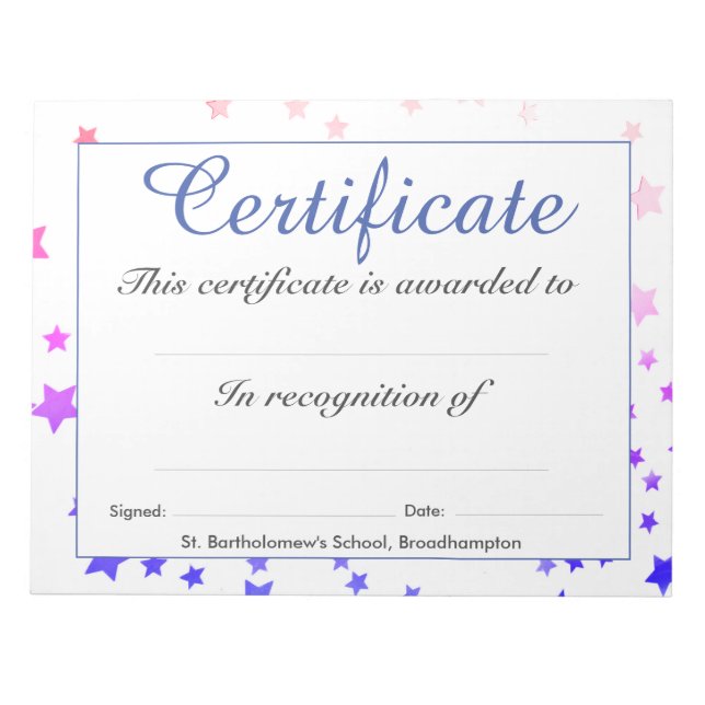 Bloc-note Feuilles de certificat d'école à faible coût (Devant)