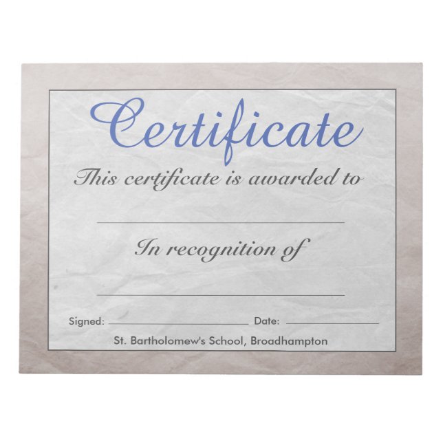 Bloc-note Feuilles de certificat d'école à faible coût (Devant)