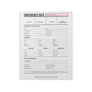 Bloc-note Fiche d'informations sur les contacts d'urgence