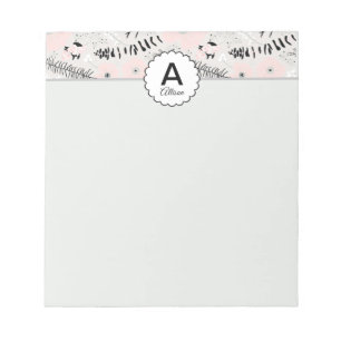 Bloc-note Fleurs à motif noir gris rose monogramme