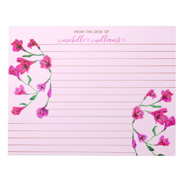 Bloc-note Fleurs d'aquarelle Magenta liées personnalisées (Devant)