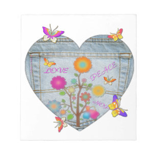 Bloc-note Fleurs de papillons en cœur de poche en denim