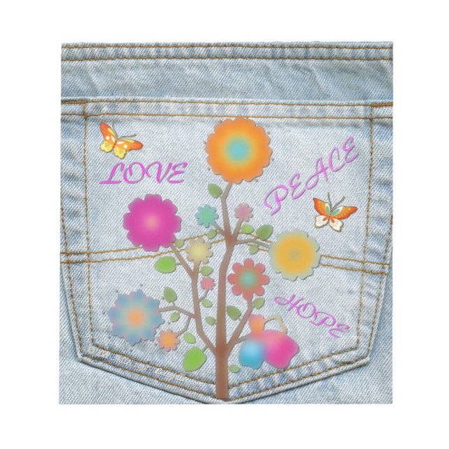 Bloc-note Fleurs de poche arrière en denim Paix Amour Espoir (Devant)