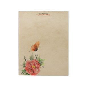 Bloc-note Fleurs et papillon   Parchemin   Papier Vintage