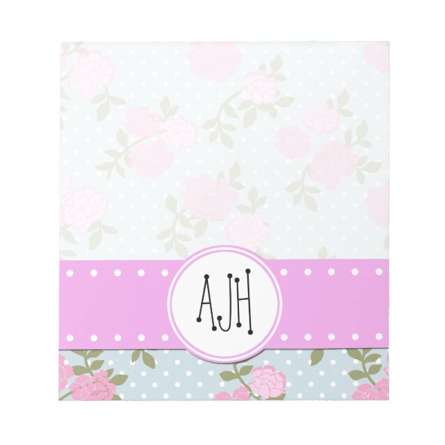 Bloc-note Fleurs roses, Roses, Fleurs Aquarelles, Monogramme (Devant)