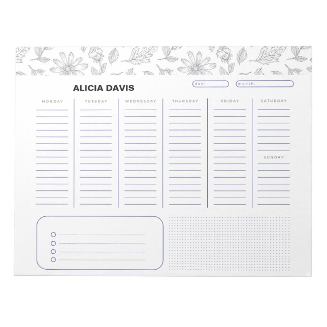 Bloc-note Fleurs simples élégantes Noir Blanc (Devant)