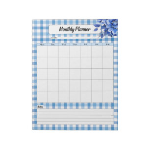Bloc-note Floral bleu En vichy _ Planificateur mensuel