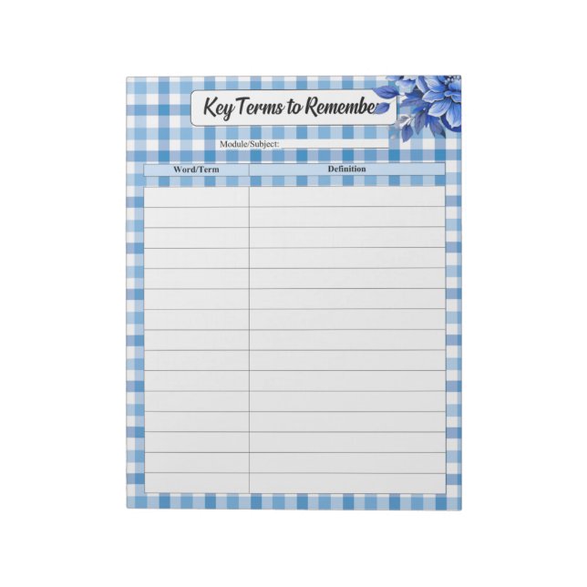 Bloc-note Floral bleu En vichy _ Principaux termes à retenir (Tourné)