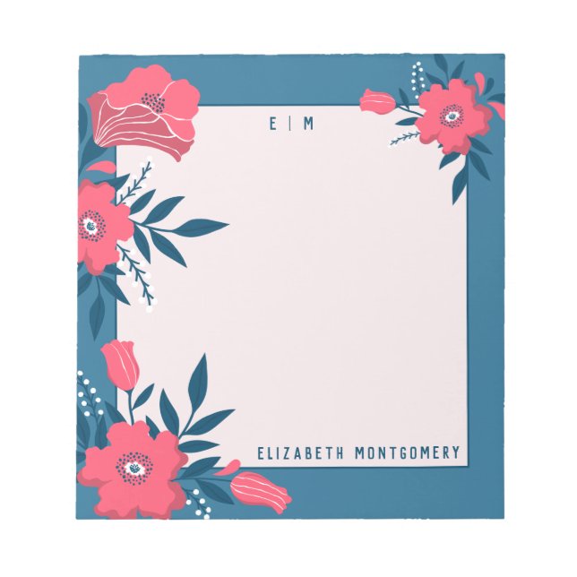 Bloc-note Floral moderne bleu Nom personnalisé Monogramme  (Devant)