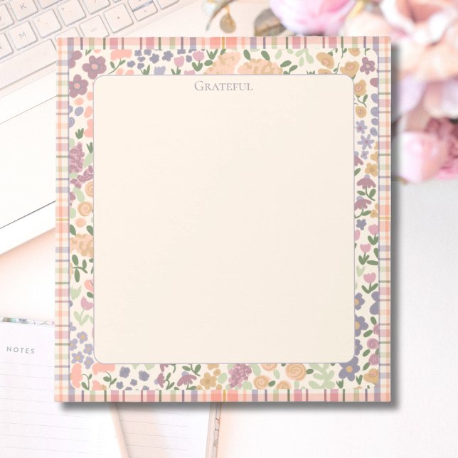 Bloc-note Floral Plaid “Grateful” Notepad –Pastel Stationery (Floral Plaid “Grateful” Notepad – Pastel Stationery for Notes & Lists)