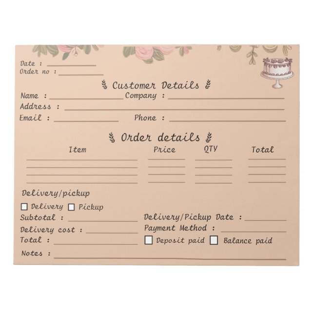 Bloc-note Formulaire de commande de boulangerie de cupcakes  (Devant)