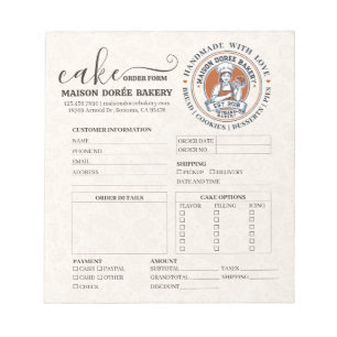 Bloc-note Formulaire de commande de pâtissier de boulangerie