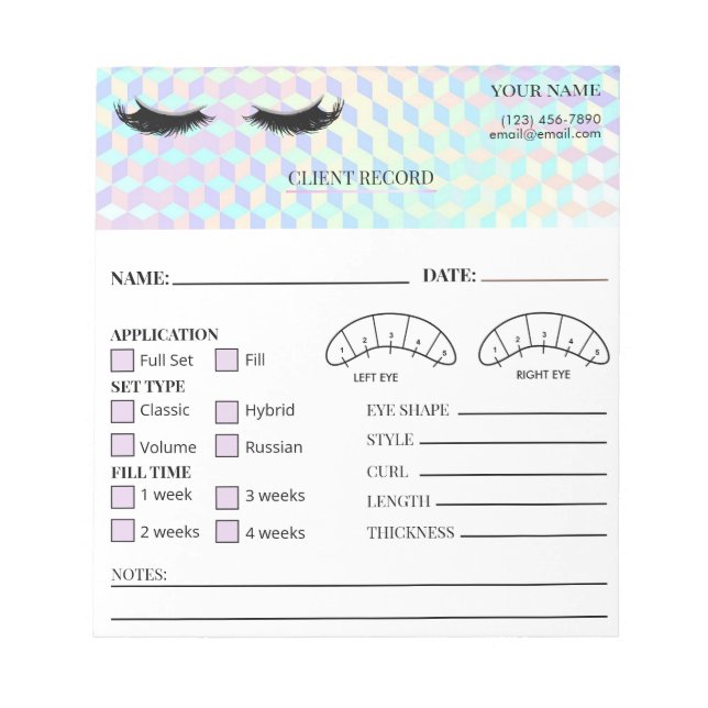 Bloc-note Formulaire de dossier client pour cils holographiq (Devant)