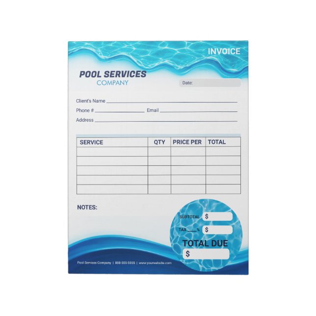 Bloc-note Formulaire de facture de services de piscine (Tourné)