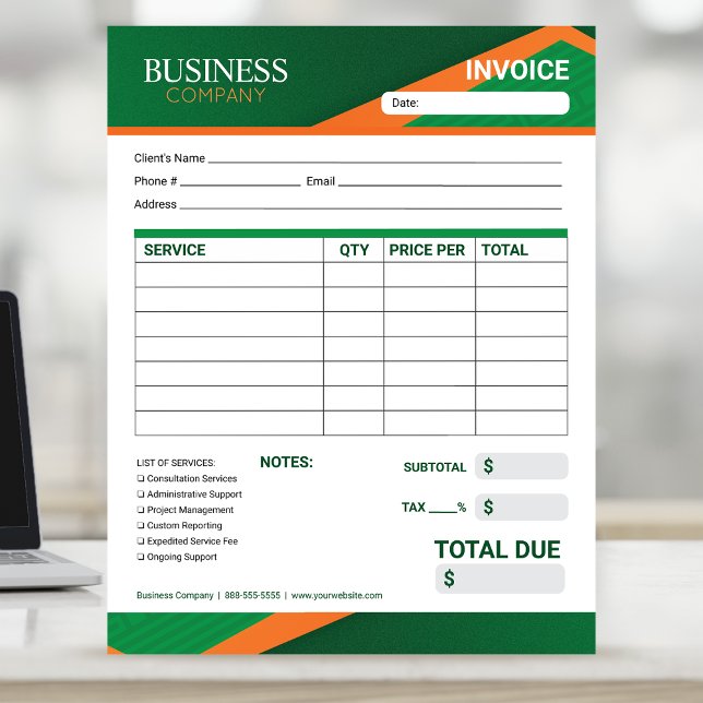 Bloc-note Formulaire de facture vert professionnel avec rayu (Créateur téléchargé)