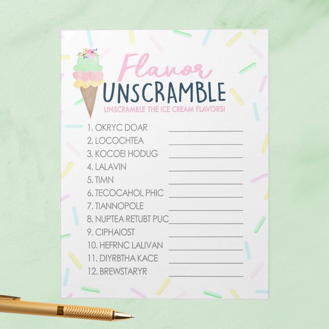 Bloc-note Game Pack de la crème glacée Flavor Unscramble Par (Flavor Unscramble Watercolor Ice Cream Game Pack of 40 Answer Sheets - Perfect for Bridal or Baby)