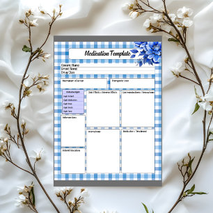 Bloc-note Gingham Floral Bleu  _ Modèle de Médicament