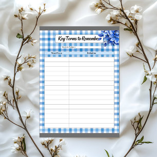Bloc-note Gingham Floral Bleu _ Termes clés à retenir
