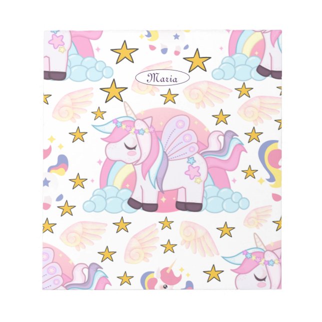 Bloc-note Girl Unicorn Rainbow Stars Nom personnalisé (Devant)