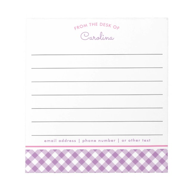 Bloc-note Girly Lavande Violet Et Rose Gingham Script (Devant)