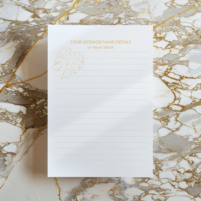 Bloc-note Gold Monstera feuille plante, plante de fromage or (Minimalist lined notepad with gold monstera header and space for a custom message.)
