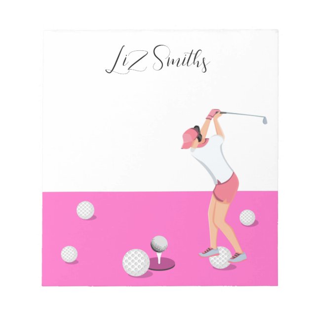 Bloc-note Golf avec nom pour femme golfeuse Thème rose (Devant)