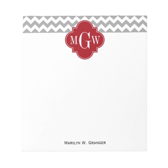 Bloc-note Gray Wht Chevron Cranberry Quatrefoil 3 monogram (Devant)