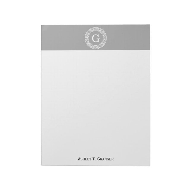 Bloc-note Gris foncé blanc clé grecque cadre Rnd initial Mon (Tourné)
