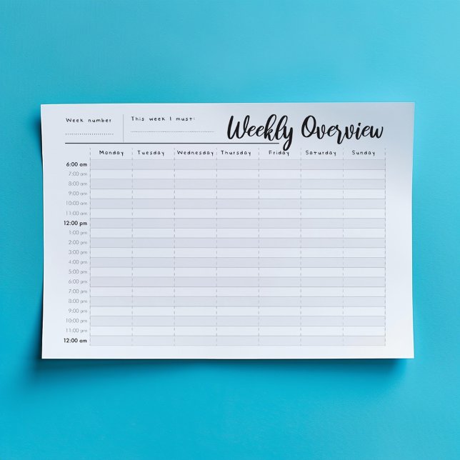 Bloc-note Heure par heure présentation hebdomadaire du bloc- (Minimalist weekly overview planner pad with hourly schedule and modern script header.)