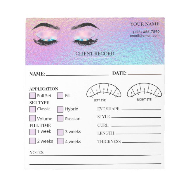 Bloc-note Holographic Eyelash Client Record Form (Devant)