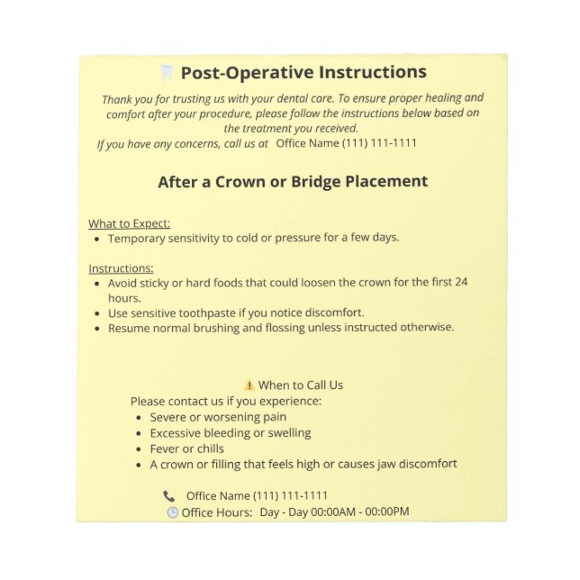 Bloc-note Instructions de poste dentaire (Couronne ou pont) (Devant)