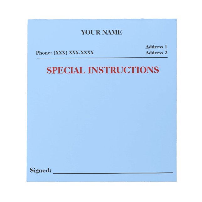 Bloc-note Instructions spéciales Slip Note Pad (bleu) (Devant)